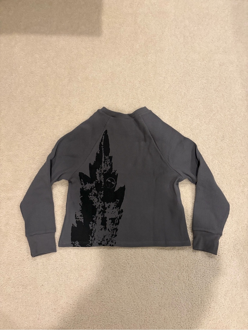 BySage Gray Long Sleeve Thermal Waffle Knit Sweater with black graphic